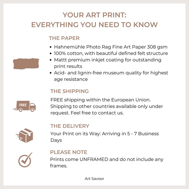Pode incluir: Um gr&aacute;fico com informa&ccedil;&otilde;es sobre impress&otilde;es de arte. O texto diz "Sua impress&atilde;o de arte: Tudo o que voc&ecirc; precisa saber". O gr&aacute;fico inclui informa&ccedil;&otilde;es sobre o papel, o envio, a entrega e uma nota que indica que as impress&otilde;es v&ecirc;m sem moldura.