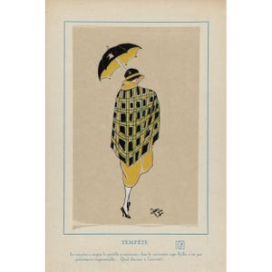 May include: An illustration of a person wearing a yellow dress, a plaid cape, and a hat, holding a black and yellow umbrella. The image has the word "TEMP&Ecirc;TE" at the top and text at the bottom.