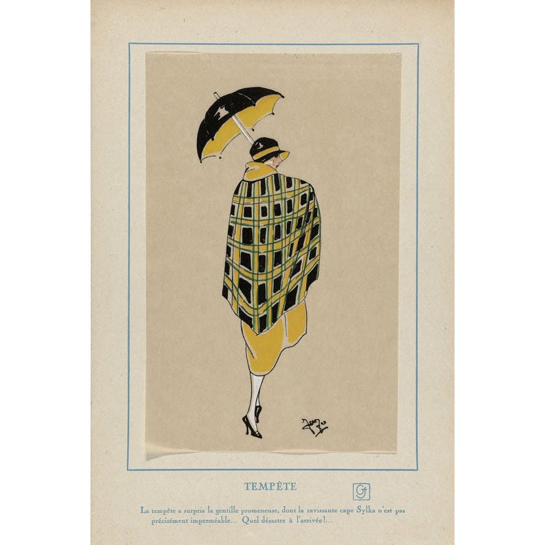 May include: An illustration of a person wearing a yellow dress, a plaid cape, and a hat, holding a black and yellow umbrella. The image has the word "TEMP&Ecirc;TE" at the top and text at the bottom.