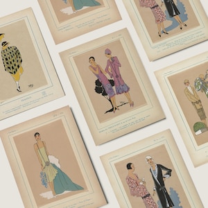 May include: A collection of vintage fashion illustrations featuring women in elegant dresses and outfits. The illustrations are in soft pastel colors, with a focus on the styles of the early 20th century. The prints are on aged paper with blue border lines.