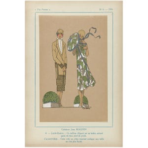 May include: An illustration from 1925 featuring two figures in stylish outfits. One wears a tan suit with a patterned skirt, the other a green and white patterned dress. A decorative parasol and text are also visible.
