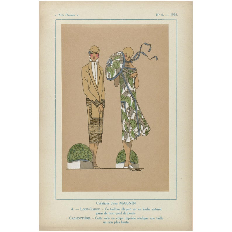 May include: An illustration from 1925 featuring two figures in stylish outfits. One wears a tan suit with a patterned skirt, the other a green and white patterned dress. A decorative parasol and text are also visible.