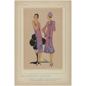 May include: An illustration from 1926 featuring two women in long, lavender dresses with decorative patterns. The dresses have a button-down design and are paired with matching shoes and accessories. The image includes text in French.