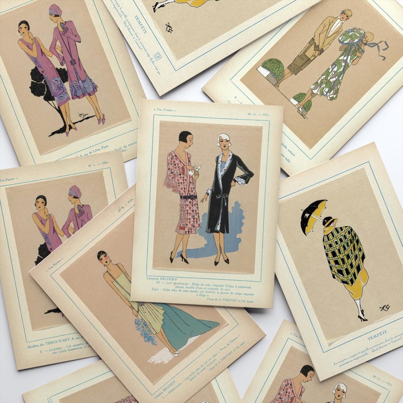 Vintage Fashion Illustration Postcard Set (5 pcs) – 1920s Paris – Art Deco Cards – Printed Paper Goods image 1