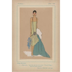 May include: An illustration of a woman in a light green dress with a turquoise train and white fur trim. The artwork is from 1926 and includes text in French. The woman is wearing a headpiece and jewelry. The style is reminiscent of the Art Deco era.
