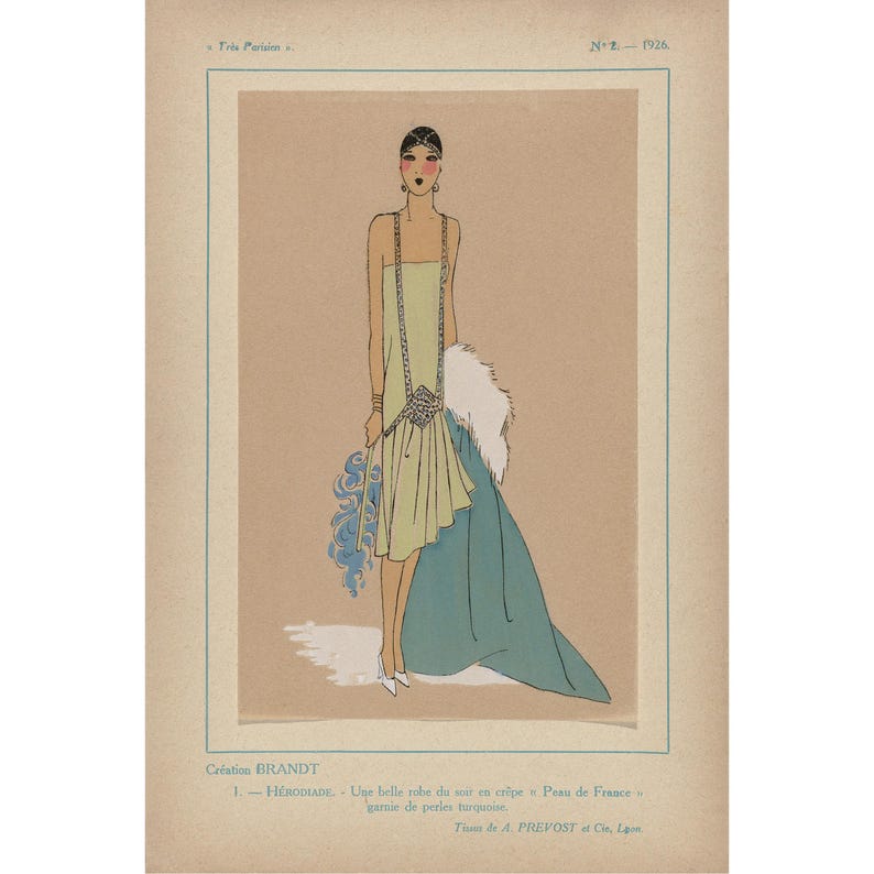 May include: An illustration of a woman in a light green dress with a turquoise train and white fur trim. The artwork is from 1926 and includes text in French. The woman is wearing a headpiece and jewelry. The style is reminiscent of the Art Deco era.