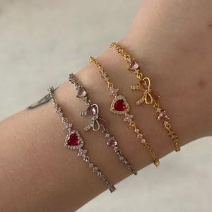 Dainty Gold Plated Bow and Heart Bracelet: Pink Jewelry Gift