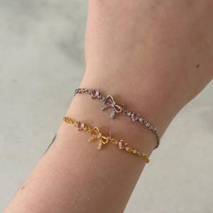 Dainty Gold Plated Bow Bracelet: Pink Jewelry Gift
