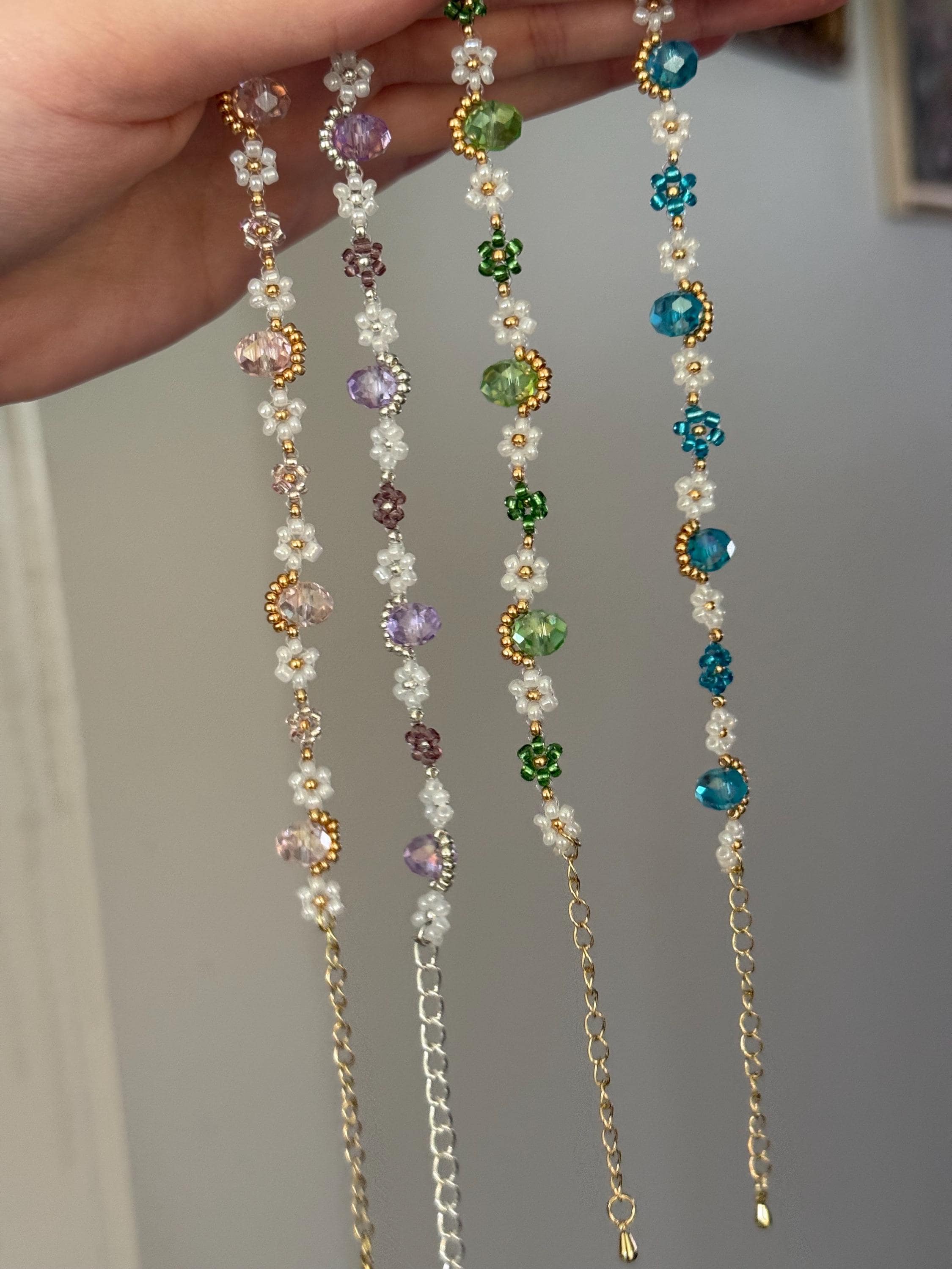 Rapunzel|Aqua| Ivy| daisy bracelet and necklace| handmade jewelry | beaded| beads| handmade bracelets | gift for her| silver jewelry