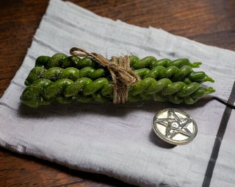 Money Ritual Green Candles, 100% Beeswax, and Herbs, Witch Candles.  6”. Set of 3, 5 & 10 candles.
