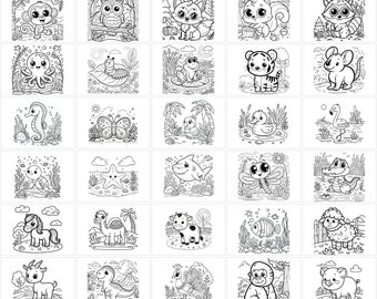 50 Animal Coloring Pages for Kids | Printable Coloring Book | Instant Download PDF