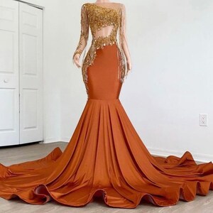 Embellished Burnt orange Prom dress, Long Mermaid Dress, Floor Length Evening gown, Homecoming dresses, Prom gown, wedding dresses