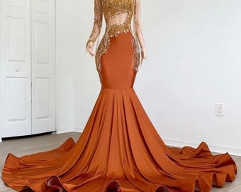 Embellished Burnt orange Prom dress, Long Mermaid Dress, Floor Length Evening gown, Homecoming dresses, Prom gown, wedding dresses