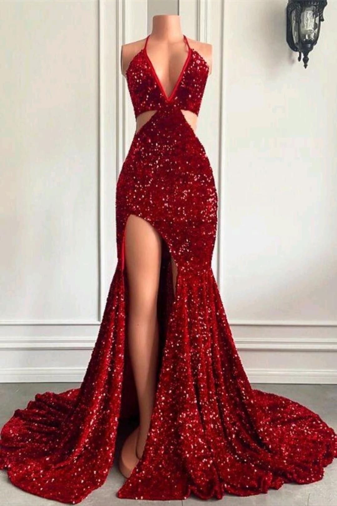 High Slit Red Sequin Dress, Red Sequin Prom Dress, Wedding Reception ...