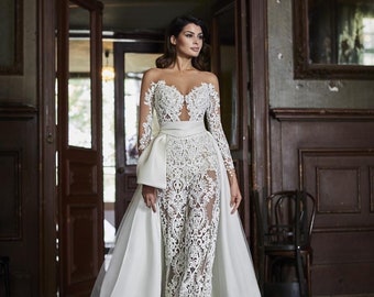 Wedding Reception jumpsuit with detachable train, wedding jumpsuit, civil wedding jumpsuit, prom jumpsuit suit, prom 2024, wedding dress,