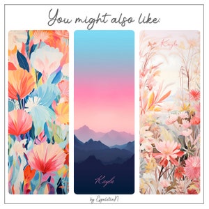 May include: Three different yoga mat designs featuring floral patterns. The first design features a colorful floral pattern with pink, blue, and yellow flowers. The second design features a gradient background with pink, blue, and purple colors and a silhouette of mountains. The third design features a floral pattern with pink, yellow, and orange flowers. All three designs have the text "Kayla" written on them.