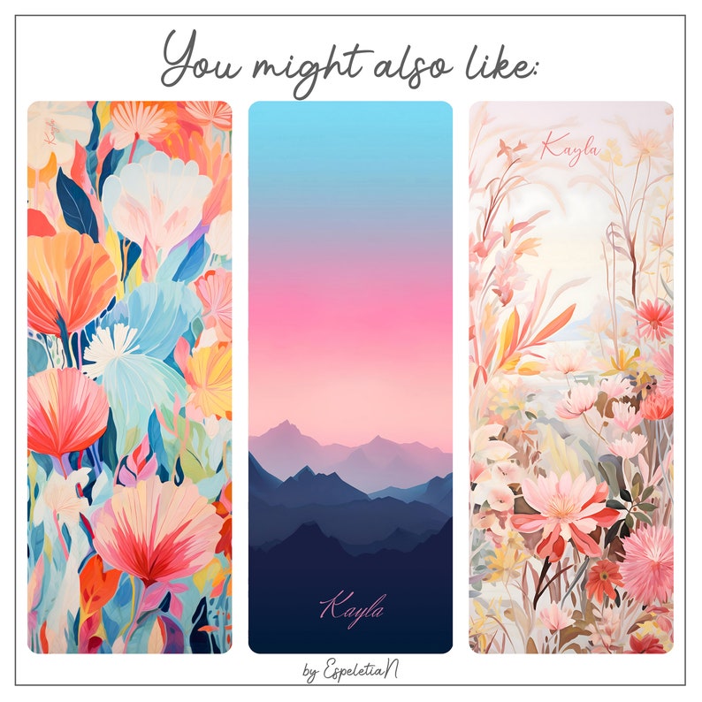 May include: Three different yoga mat designs featuring floral patterns. The first design features a colorful floral pattern with pink, blue, and yellow flowers. The second design features a gradient background with pink, blue, and purple colors and a silhouette of mountains. The third design features a floral pattern with pink, yellow, and orange flowers. All three designs have the text "Kayla" written on them.
