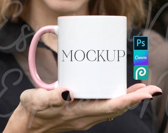 Minimalist Mug Mockup Trendy Aesthetic White 11 oz Coffee Cup Mock Up Two Toned Mug Pink Handle Mockup Digital Styled Photography JPEG IMAGE