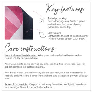 May include: Pink and black yoga mat with care instructions. The mat has a non-slip backing and is lightweight. The instructions include how to clean the mat, how to dry it, and how to protect it from sunlight.