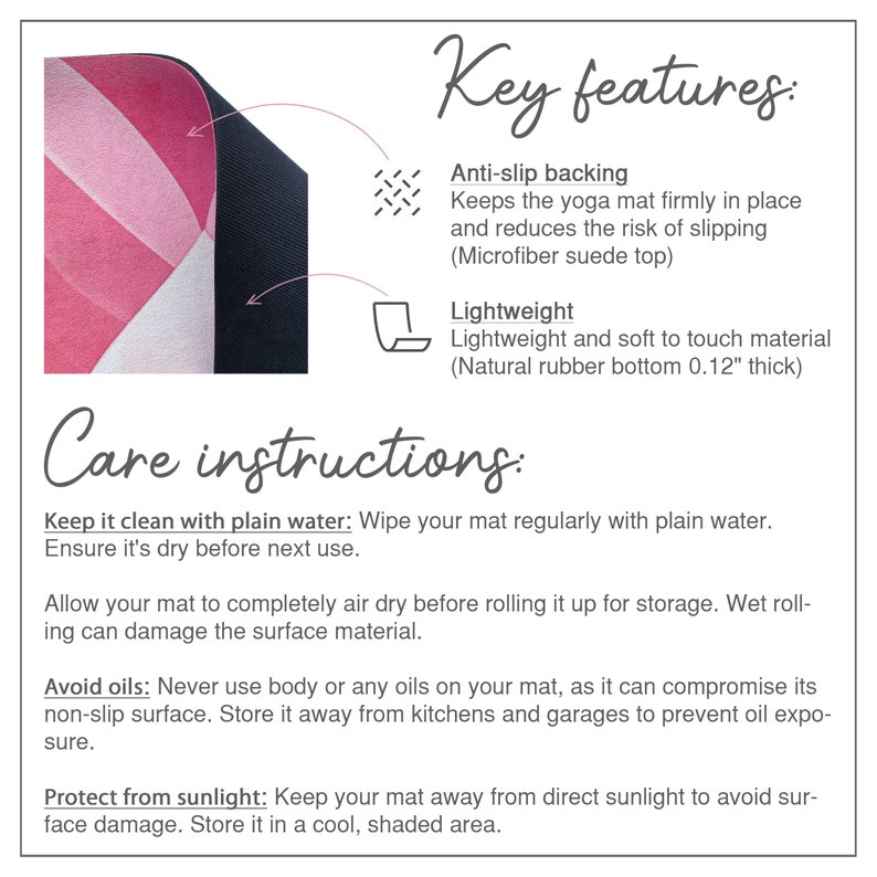 May include: Pink and black yoga mat with care instructions. The mat has a non-slip backing and is lightweight. The instructions include how to clean the mat, how to dry it, and how to protect it from sunlight.