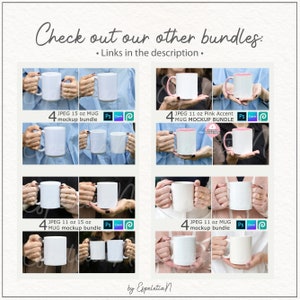 May include: Four different bundles of 4 mug mockups. Each bundle features a different size mug and color combination. The bundles include 11 oz, 15 oz, and 15 oz mugs with pink accents. The text on the image reads "JPEG 15 oz MUG mockup bundle", "JPEG 11 oz Pink Accent MUG MOCKUP BUNDLE", "JPEG 11 oz 15 oz MUG mockup bundle", and "JPEG 11 oz MUG mockup bundle".