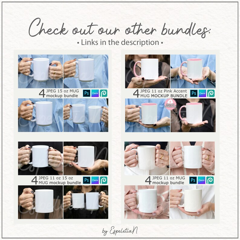 May include: Four different bundles of 4 mug mockups. Each bundle features a different size mug and color combination. The bundles include 11 oz, 15 oz, and 15 oz mugs with pink accents. The text on the image reads "JPEG 15 oz MUG mockup bundle", "JPEG 11 oz Pink Accent MUG MOCKUP BUNDLE", "JPEG 11 oz 15 oz MUG mockup bundle", and "JPEG 11 oz MUG mockup bundle".