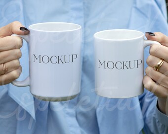 Woman Holding Two Mug Mockup Size Comparison 11 oz Coffee Cup Mockup 15 oz Mug Template White Double Mug Mock Up POD Styled Stock Photo JPEG
