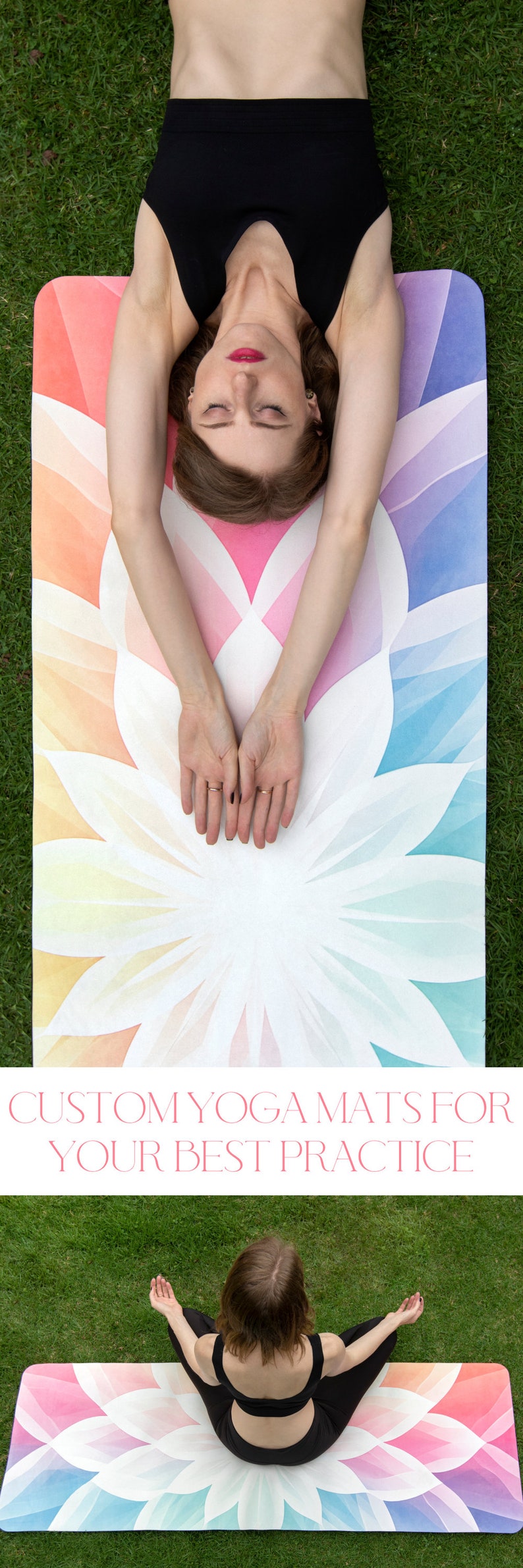 May include: Two images of a person practicing yoga on a custom printed yoga mat. The mat features a colorful mandala design with a white lotus flower in the center. The text "CUSTOM YOGA MATS FOR YOUR BEST PRACTICE" is displayed in pink letters.