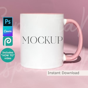 Pink Accent Mug Mockup 11 oz Coffee Cup Pink Handle Mock Up Mug Two Tone District Photo Mug POD