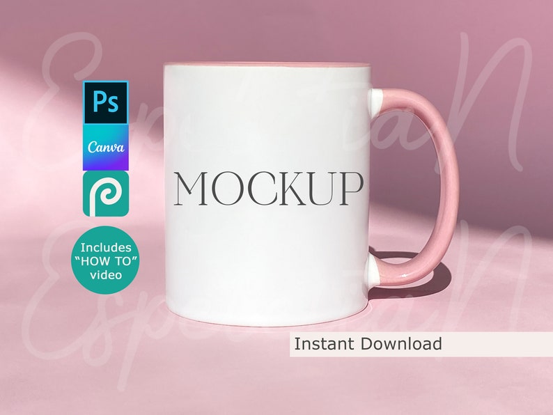 Pink Accent Mug Mockup 11 oz Coffee Cup Pink Handle Mock Up Mug Two Tone District Photo Mug POD