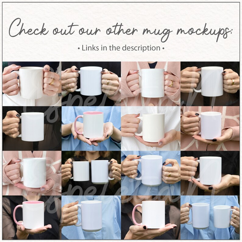 May include: A collage of 18 images showing different ways to hold a white ceramic mug. The mugs are blank and ready for customization.
