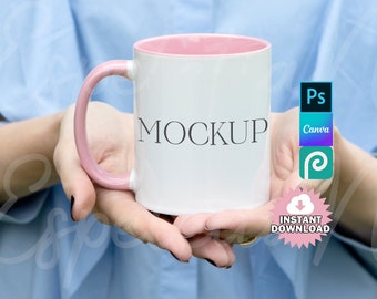 Mockup Mug Two Toned 11 oz Ceramic Coffee Mug Pink Handle Digital Mockup Template with Model Holding Cup Styled Photo Download JPEG IMAGE