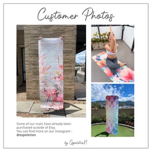 May include: Three images showcasing yoga mats with floral and mandala designs. The mats are in various colors, including pink, blue, and purple. The mats are shown in different settings, including a brick wall, a rooftop, and a grassy area.