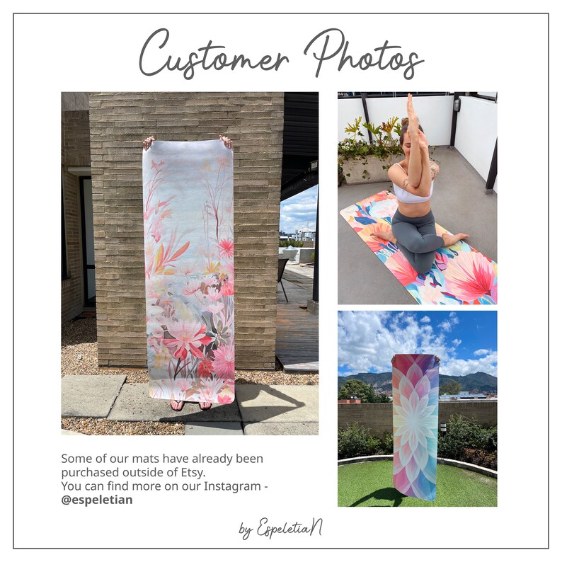 May include: Three images showcasing yoga mats with floral and mandala designs. The mats are in various colors, including pink, blue, and purple. The mats are shown in different settings, including a brick wall, a rooftop, and a grassy area.