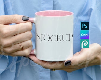 Pink Handle Mug Mock Up Mom Coffee Cup Mockup 11 oz Mug Two Toned Pink Mug Mockup Female Hand Model Mock Up Mug Digital IMAGE Download JPEG