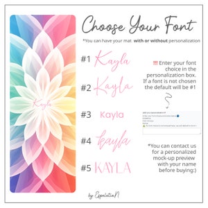 May include: A colorful yoga mat with a mandala design. The image shows five different font options for personalization, including Kayla, Kayla, Kayla, kayla, and KAYLA. The text also states that you can contact the seller for a personalized mock-up preview with your name before buying.