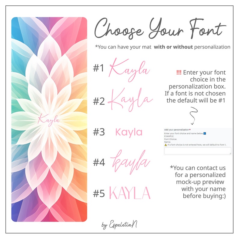 May include: A colorful yoga mat with a mandala design. The image shows five different font options for personalization, including Kayla, Kayla, Kayla, kayla, and KAYLA. The text also states that you can contact the seller for a personalized mock-up preview with your name before buying.