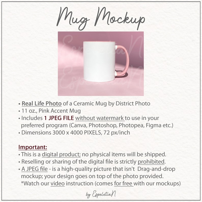 May include: A white ceramic mug with a pink accent around the rim and handle. The mug is sitting on a pink surface. The image is a mockup for a digital product and includes 1 JPEG file. The mug is 11 ounces.