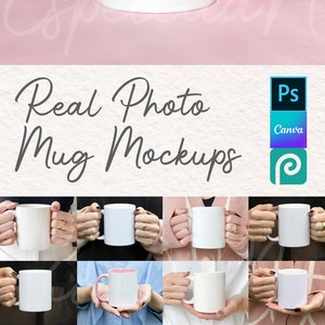 May include: A collage of 12 images featuring white ceramic mugs with pink accents. The mugs are held by different people in various poses. The images are arranged in a grid pattern. The text "Real Photo Mug Mockups" is displayed at the top of the collage.