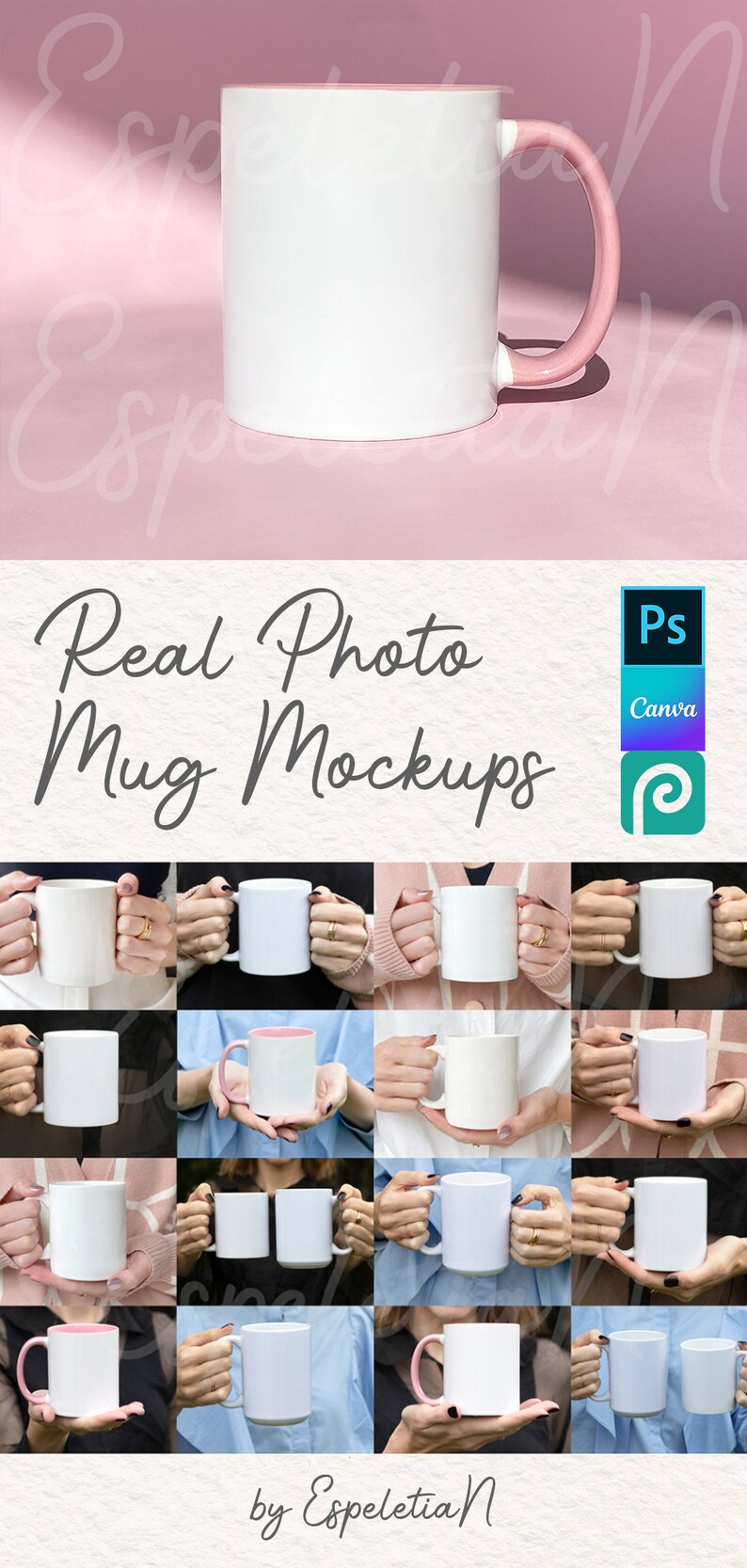 May include: A collage of 12 images featuring white ceramic mugs with pink accents. The mugs are held by different people in various poses. The images are arranged in a grid pattern. The text "Real Photo Mug Mockups" is displayed at the top of the collage.