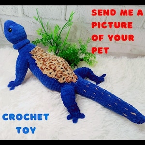 Pode incluir: Um brinquedo de crochê azul em forma de lagarto com um dorso estampado em marrom e bege. O texto "SEND ME A PICTURE OF YOUR PET" e "CROCHET TOY" são exibidos em vermelho e azul.