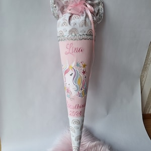 Schultüte aus Stoff Einhorn mit Namen bestickt, traumhaft! Inkl. Papprohling