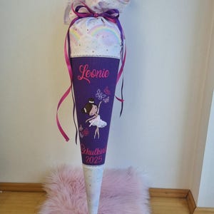 Personalisierte Schultüte Ballerina 2025 mit Namen bestickt Lila Einschulung Mädchen Schmetterlinge & Regenbogen Handmade incl. Papprohling