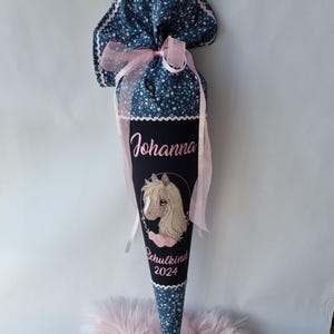 Schultüte Pferd dunkelblau rosa Schleife mit Namen bestickt inklusive Papprohling