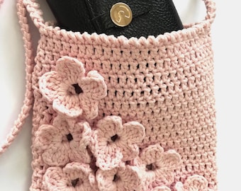 Pink Crochet Flower Bag, Handmade Teen Crossbody Bag, Floral Crochet Purse, Cute Shoulder Bag for Girls, Aesthetic Flower Purse