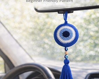 Crochet Evil Eye Pattern – Beginner Friendly Nazar Amulet – Car Charm Tutorial – Boho Protection Decor – PDF + Video