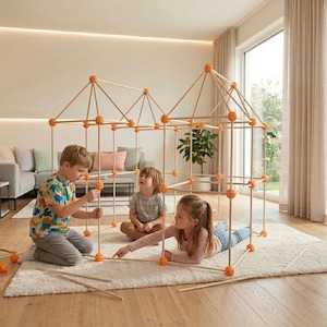 Peut inclure: Des enfants construisent une cabane en bois avec des connecteurs orange et des chevilles en bois sur un tapis blanc. La cabane a une forme rectangulaire avec un toit en pente. Trois enfants interagissent avec la cabane, construisant et jouant à l'intérieur.