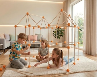 Kids Wooden Fort Construction Set: 100 Sticks & 60 Connectors - Kids DIY Play