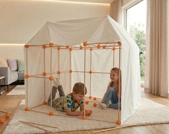 Kinder Fort Holzbau-Set: 100 Stäbchen & 60 Verbinder + Abdeckung - Kinder zum Selbermachen