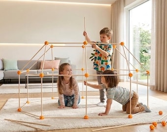 Set de construcción de fuertes de madera para niños: 50 palos y 30 conectores - Juego de bricolaje para niños